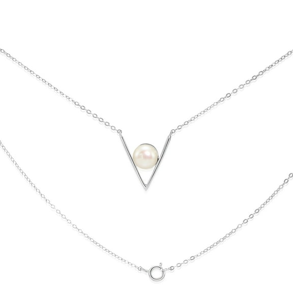 Tilo Jewelry Solid 925 Sterling Silver 7.5mm Freshwater Pearl V-Shaped Chevron Necklace for Women & Unisex | 18 Inch Cable Chain