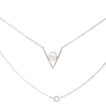 Tilo Jewelry Solid 925 Sterling Silver 7.5mm Freshwater Pearl V-Shaped Chevron Necklace for Women & Unisex | 18 Inch Cable Chain