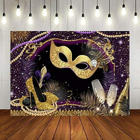 Image of Masquerade Backdrop Luxurious Purple Mask Carnival Photography Background Glitter High Heel Champagne Glasses Magic Wand Birthday Party Decorations Supplies 7x5ft
