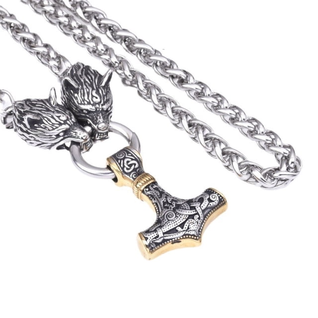 Collar para Hombre, Dije de Martillo de Thor de Dos Tonos en Oro y Plata, Collar de Cadena Gruesa, Estilo retro de Personalidad Vikinga hip-hop, Cadena de Acero Inoxidable