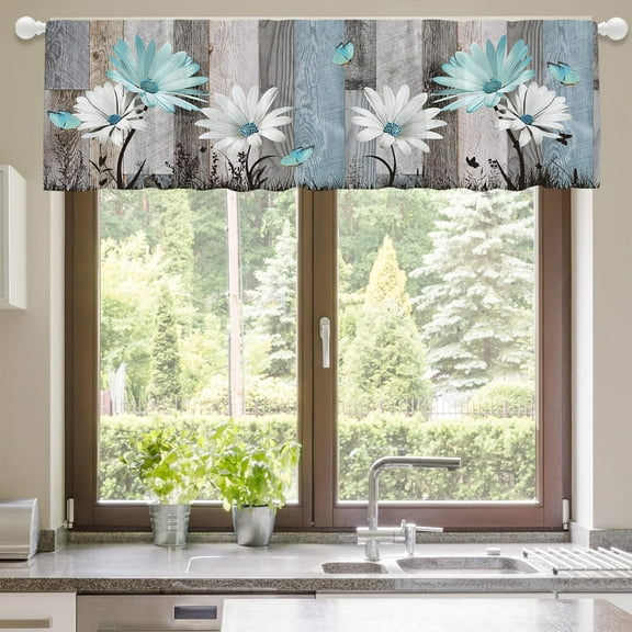 Farmhouse Floral Valances Curtain for Kitchen Windows Teal Daisy Flower Bathroom Living Room Bedroom Laundry Rustic Kitchen Curtain Valance Window Curtain 1 Panel (55x18 Inch)
