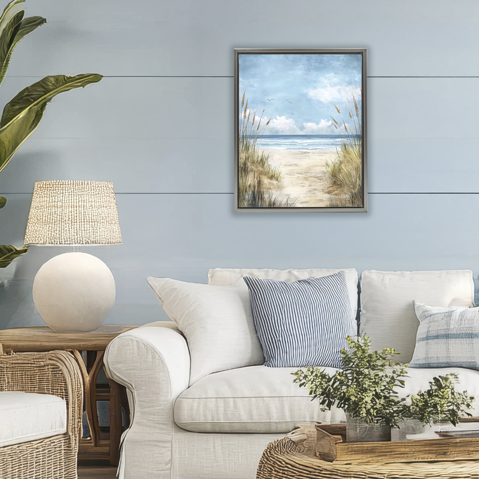 Stupell Industries Free Seagulls over Beach Dunes Gray Framed Floater Canvas Wall Art, design by Creative Studio