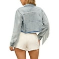 thumbnail image 3 of INSPIRE CHIC Women's Jacket Cropped Jean Fringe Long Sleeve Frayed Hem Tassel Trim Denim Jacket S Light Blue, 3 of 6