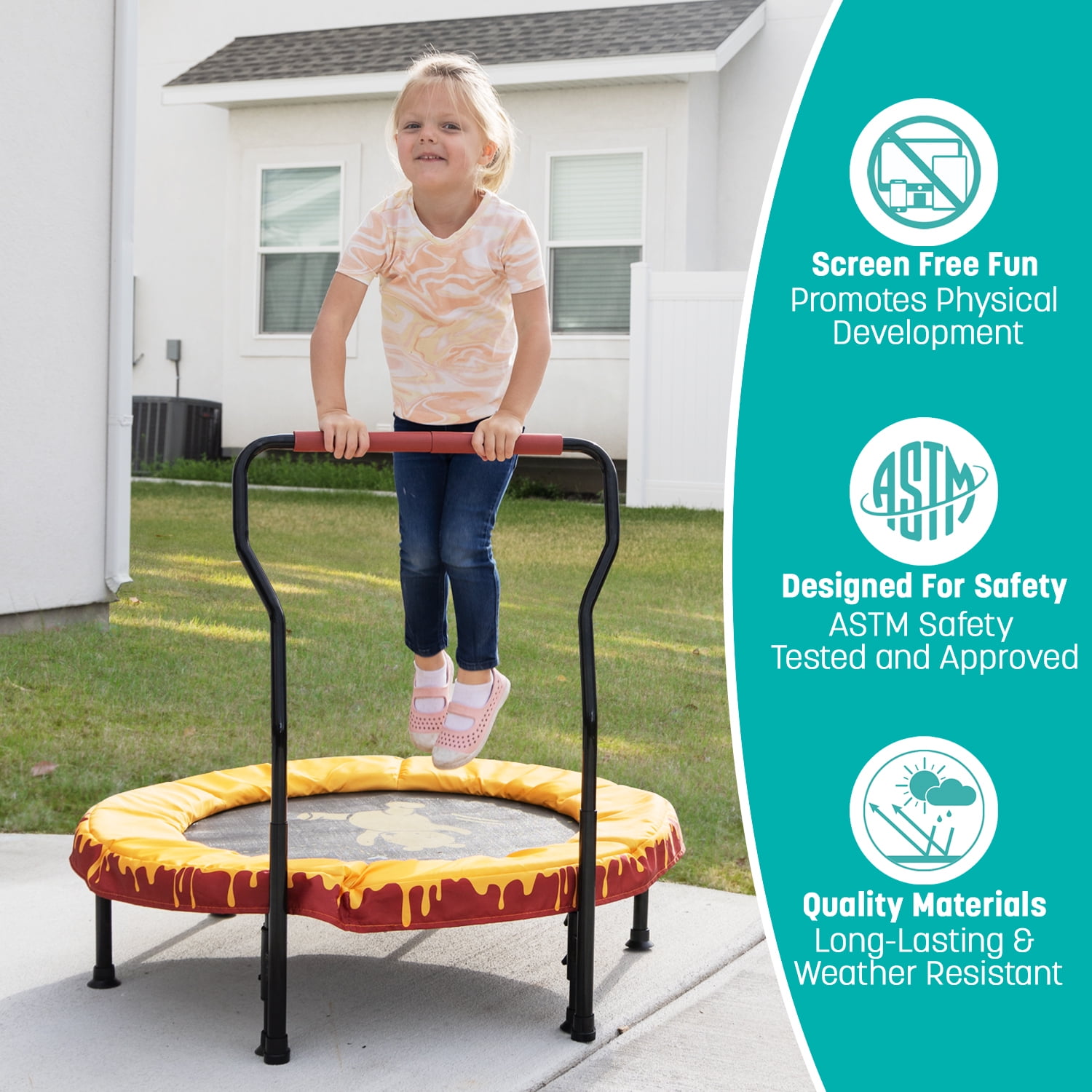 Skywalker Trampolines 36" Mini Trampoline for Kids & Toddlers - No-Spring Design with Adjustable Handlebar, Foldable for Easy Storage, Indoor/Outdoor Use