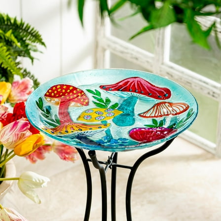 18" Glass Bird Bath, Mushroom Group