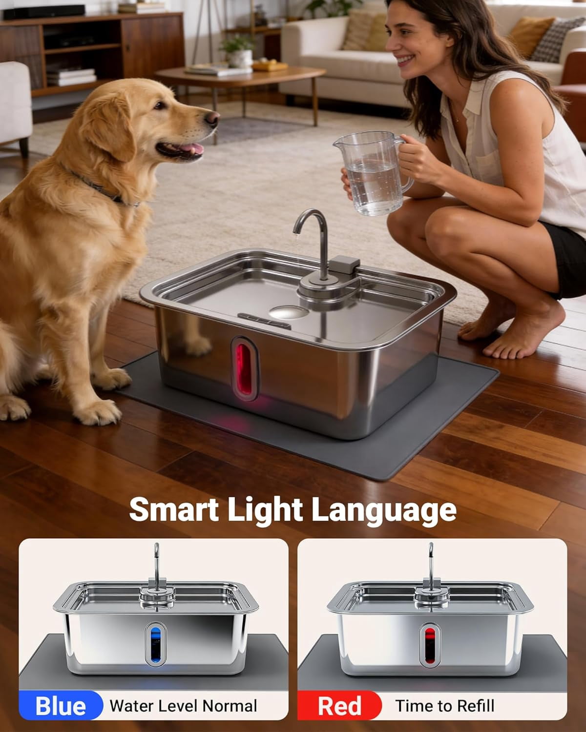 Automatic Pet Water Fountain with Silicone Mat & 3 Filters, Stainless Steel Dispenser with Visible Window and Alert Light for Large Dogs and Cats