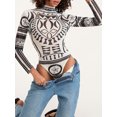 thumbnail image 3 of LMLYSoH Women Bodysuit, Long Sleeve Printed Mock Neck Triangle Bottom Romper, Wild Fashion Bodycon Jumpsuit, 3 of 8