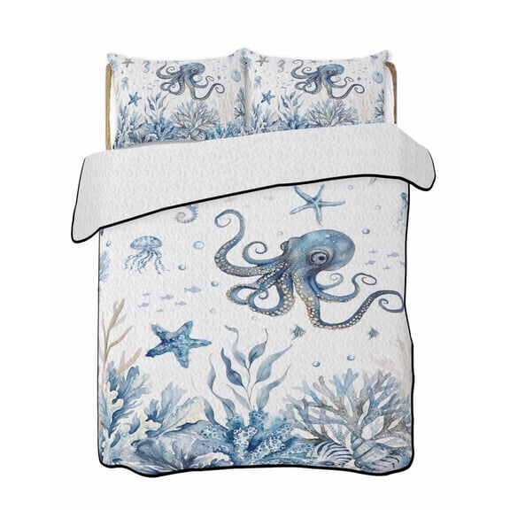 Quilts Twin Size Bedding Set, Blue Coastal Octopus Lightweight Quilted Comforter, Summer Ocean Sea Coral Shells Soft Reversible Bedspread Coverlet with Pillow Covers for All Season, 68" x 86"