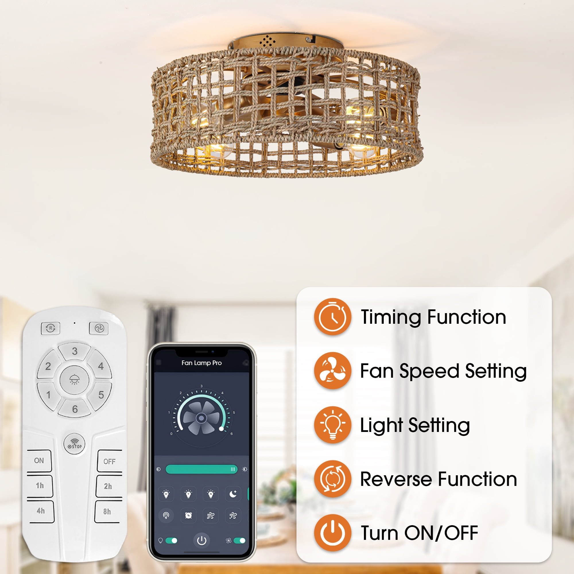 Parrot Uncle Bohemia 18" Brown Straw-Rope 4-Light Flush Mount Ceiling Fan with Remote and APP Control