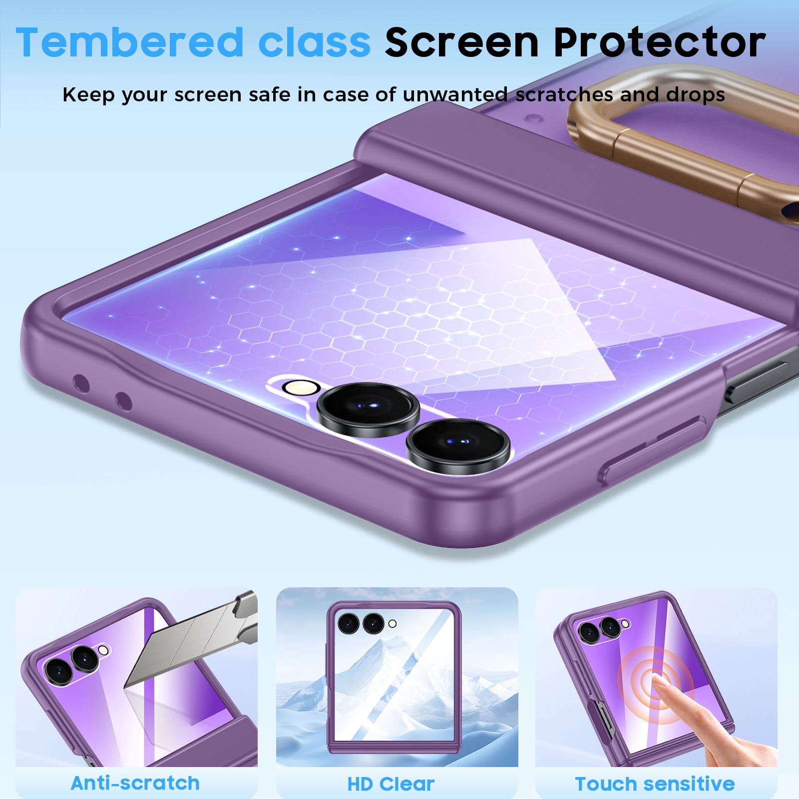 Vizvera for Samsung Galaxy Z Flip 7 Case with Ring Holder & Screen Protector & Hinge Protection,Wireless Charging,Skin Feel Matte PC,Shockproof Phone Case-Purple