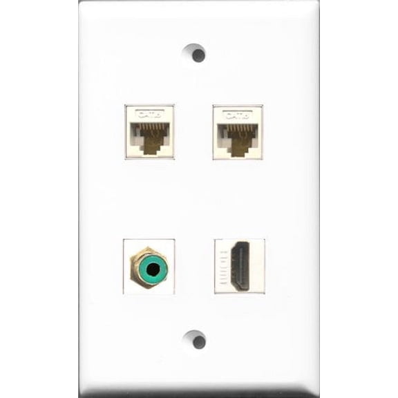 RiteAV 1 Port HDMI and 1 Port RCA Green 2 Port Cat6 Ethernet White Wall Plate