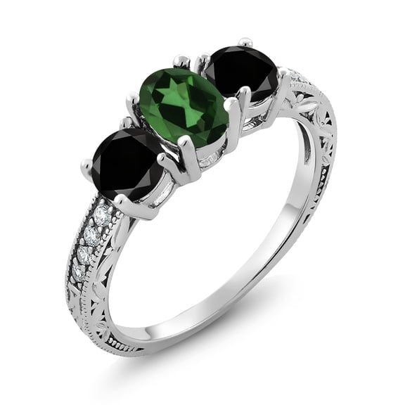 Gem Stone King 2.02 Ct Oval Emerald Envy Mystic Topaz Black Diamond 925 Sterling Silver Moissanite Ring (Size 6)