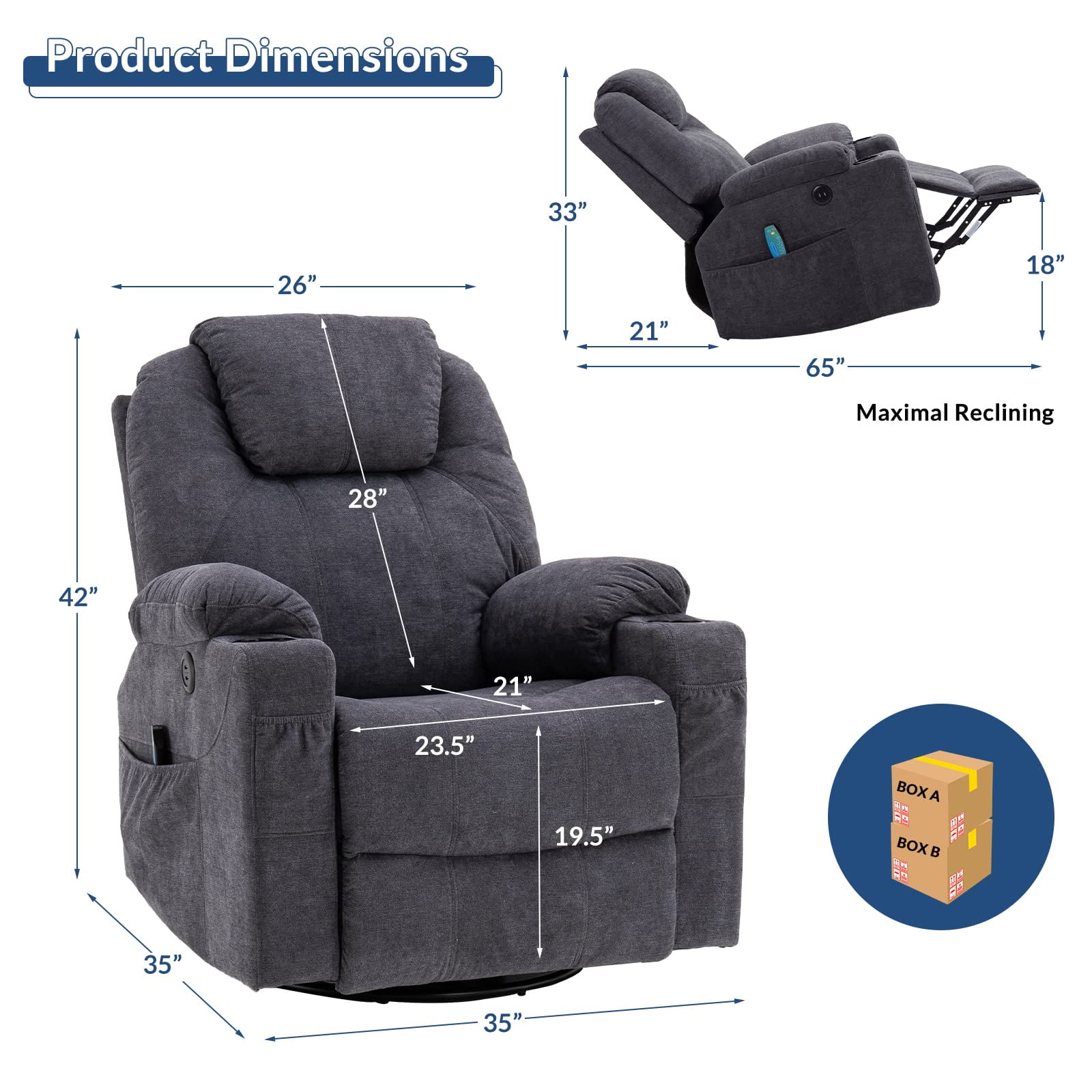 SOCIALCOMFY Manual Swivel Rocker Recliner Chair with Heat & Massage, Grey