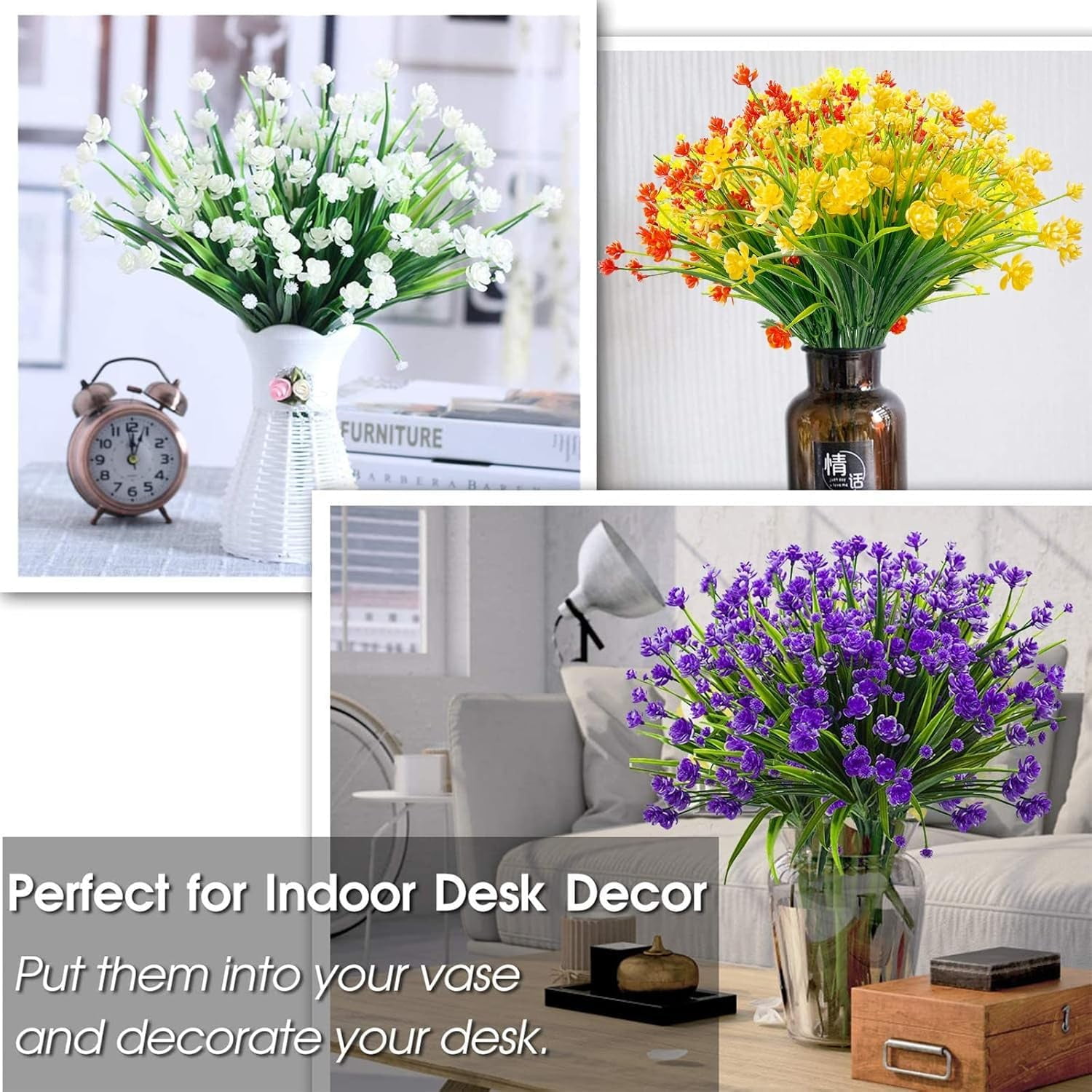12 Bundles Artificial Flowers for Outdoors Summer Decor,Realistic UV Resistant Plants Faux Plastic Flowers