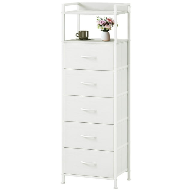 Eunos Commode Haute Blanche, Commode à 5 Tiroirs Verticaux en Tissu pour Chambre, Salon, Couloir