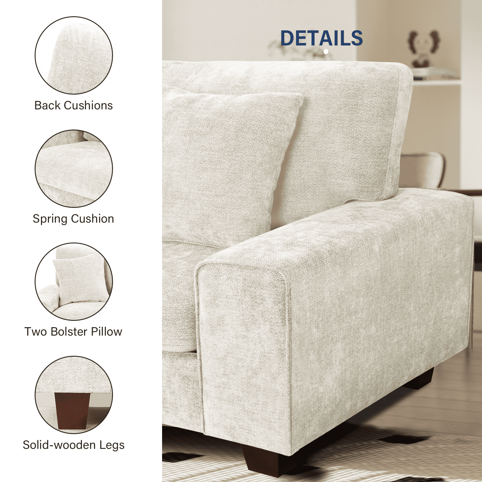 88.58" Modern Sofas Couches for Living Room with Removable Sofa Cushion and Detachable Sofa Cover, Solid Wood Frame ,Easy to Install (Beige)