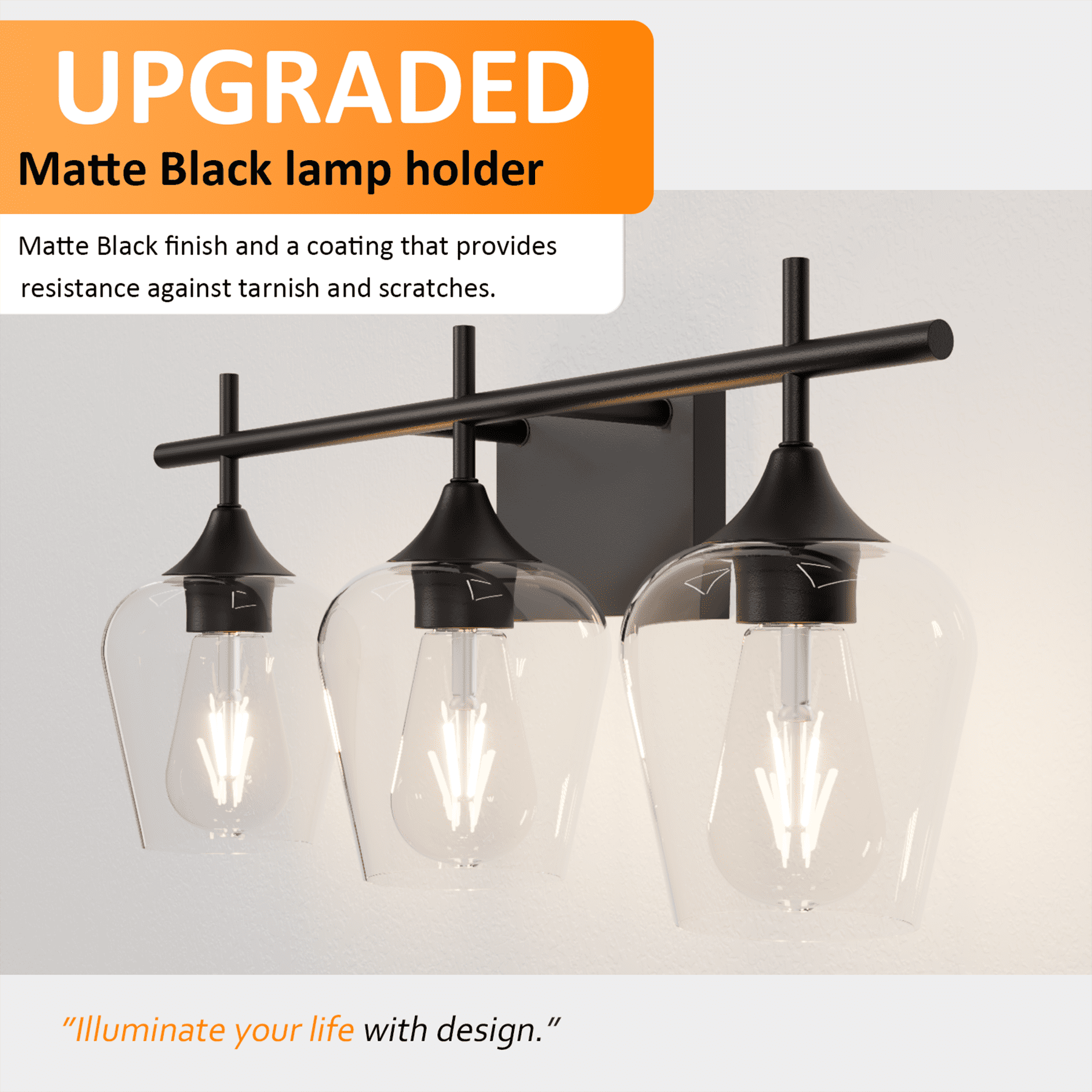 Homechoose 3-Light Bathroom Light Fixtures, Black Modern Vanity Lights with Clear Glass Shade, Bathroom Wall Lamp for Mirror Kitchen Living Room Hallway Cabinet Porch