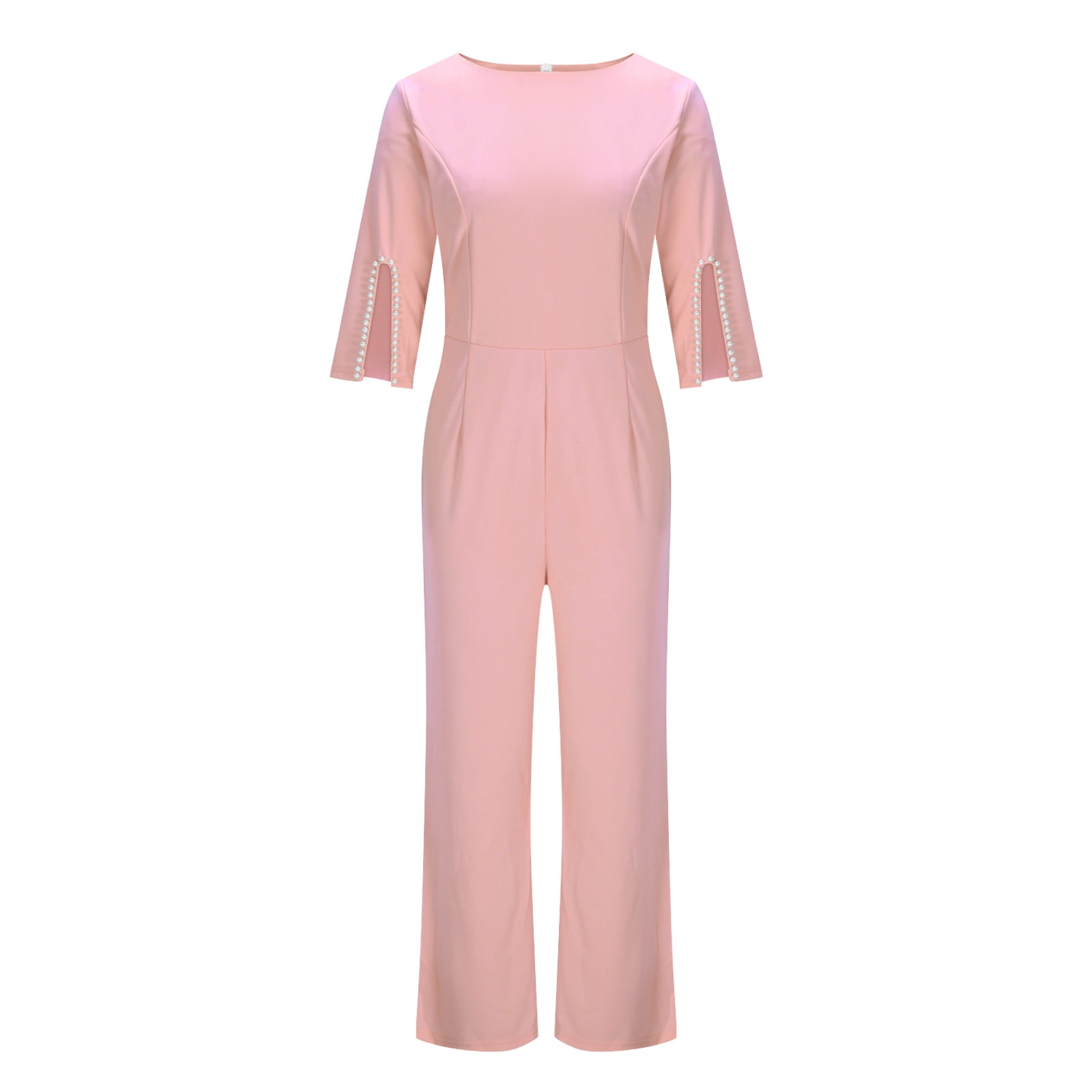 Jatrosc Cocktail Jumpsuits for Women Dressy Split 3/4 Sleeve High Waisted Elegant Rompers with Pearl Embellished Sleeves Formal Business Casual