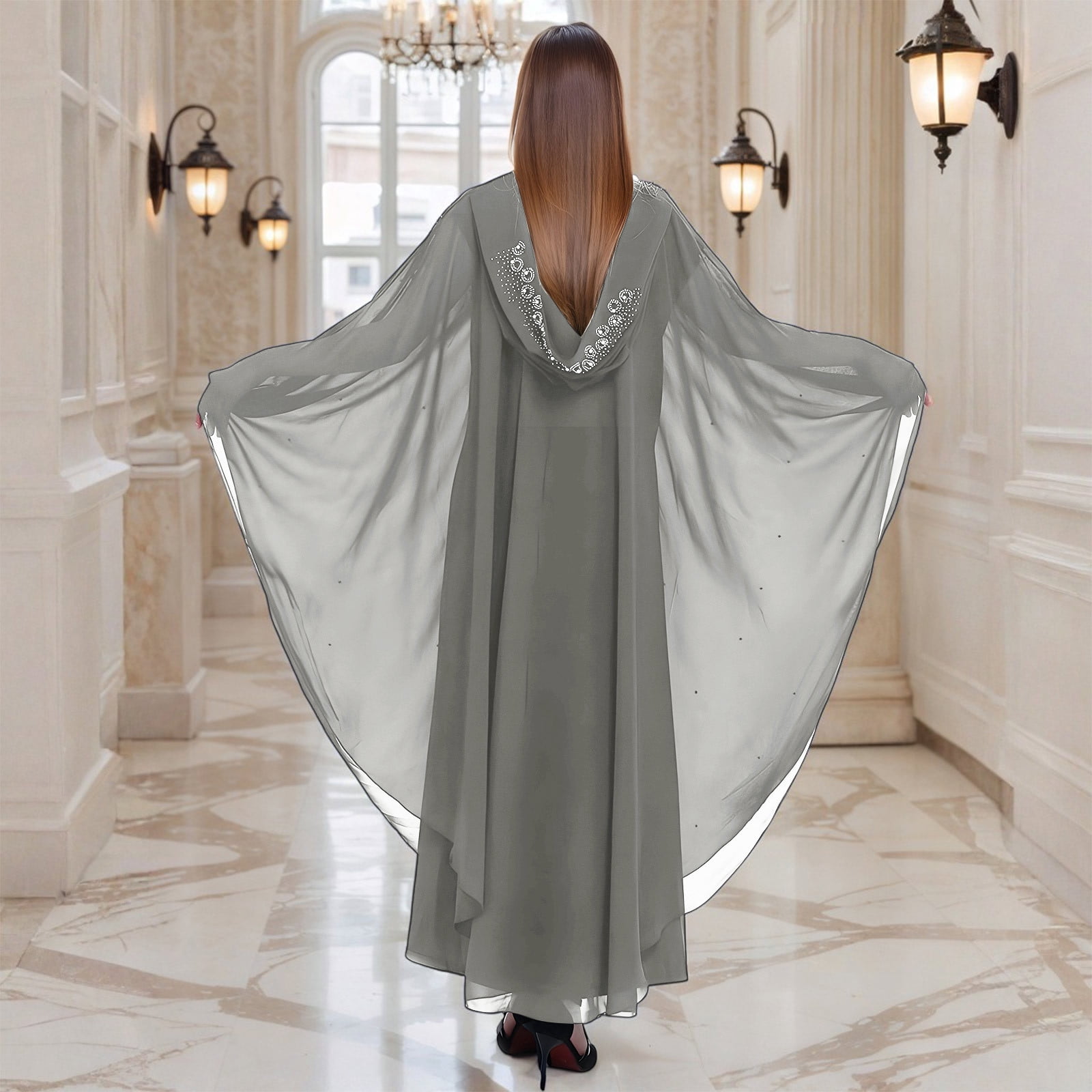 Long Sleeve Shirts for Women, Muslim Dress for Women Loose Batwing Sleeved Hooded Beaded Embroidery Long Abaya Dress Kaftan Abayas Islamic Robe