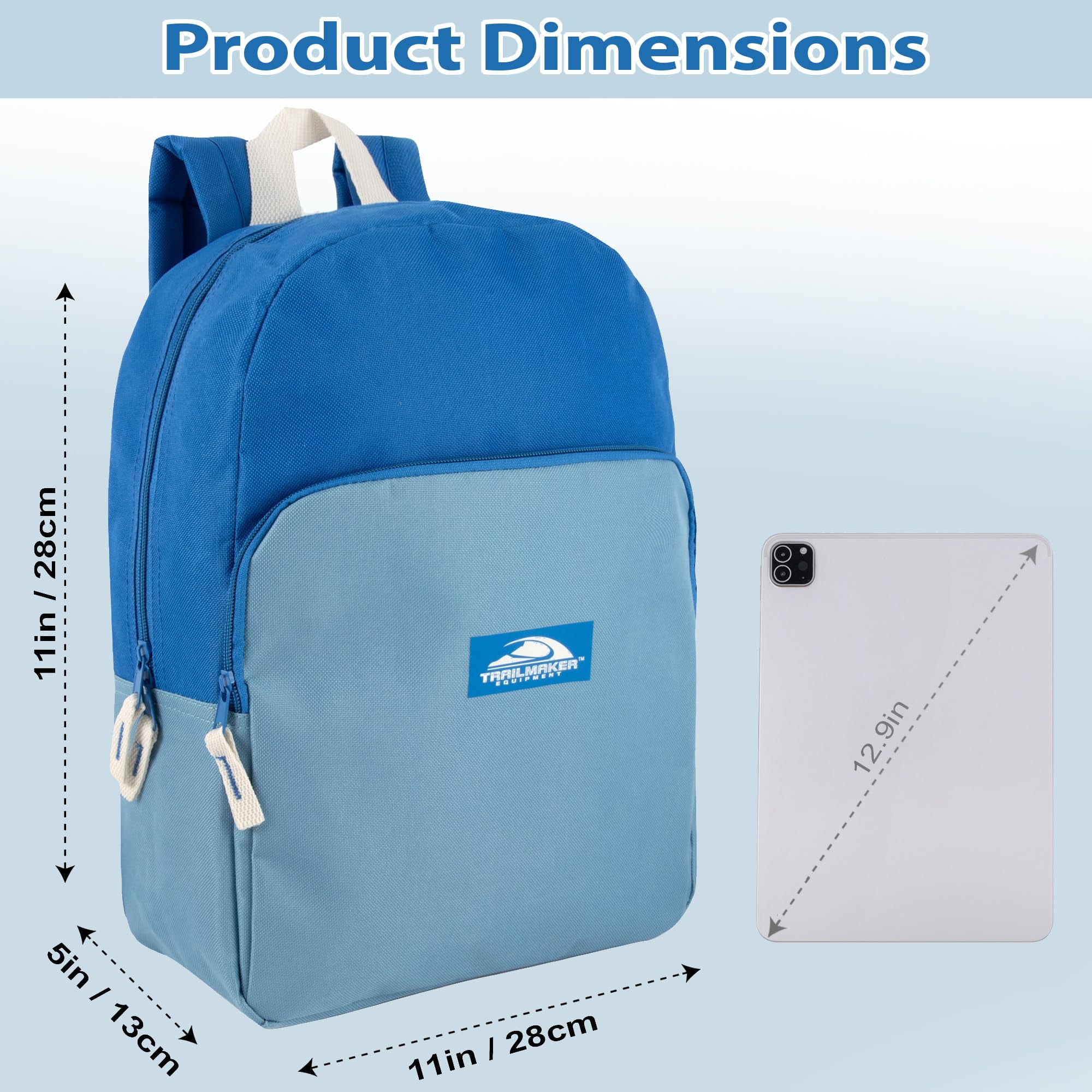15 Inch Classic Solid Color Backpack with Front Zippered Pocket for Commuting and Travel in Blue & Light Blue