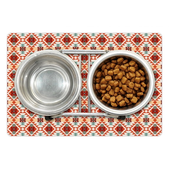 Aztec Pet Mat for Food and Water, Oriental Tones Folklore Inspired Design with Rhombus Forms Print, Non-Slip Rubber Mat for Dogs and Cats, 18" X 12", by Ambesonne