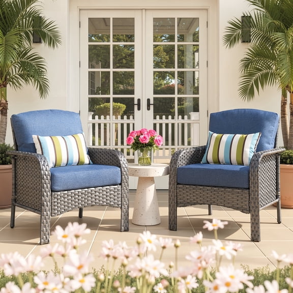 Ovios Patio Chairs Set of 2 All-Weather Wicker Patio Furniture Chairs Set Rattan High-Back Outdoor Armchairs with Cushions, Denim Blue