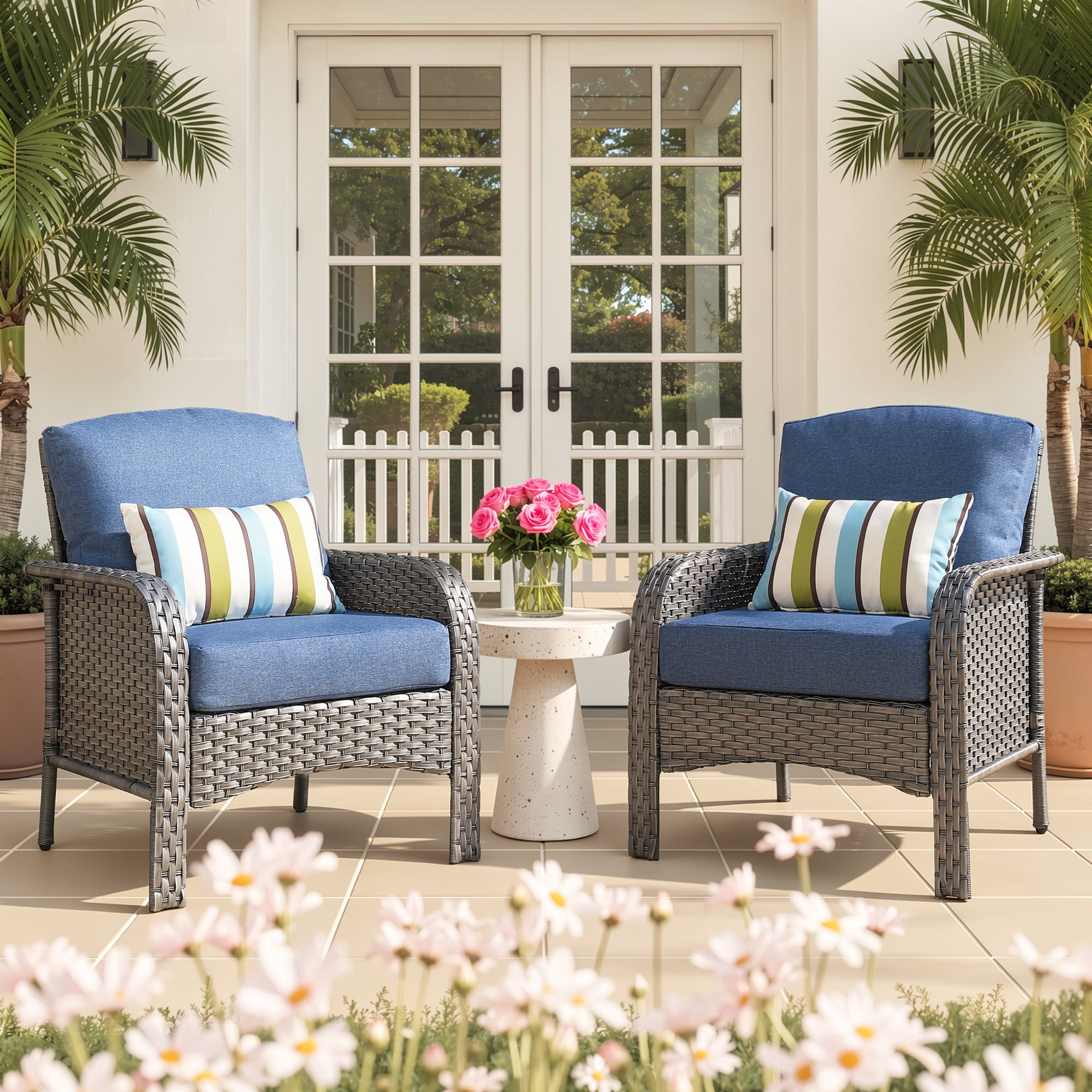 Ovios Patio Chairs Set of 2 All-Weather Wicker Patio Furniture Chairs Set Rattan High-Back Outdoor Armchairs with Cushions, Denim Blue