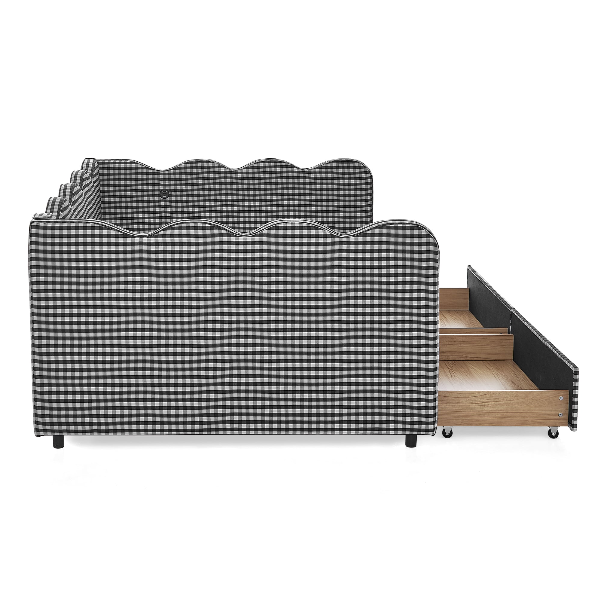 Full Size Daybed with Storage Drawers and USB Port, Upholstered Linen Sofa Bed Frame with Wave Design, Kids Guest Bed for Bedroom Living Room, Black