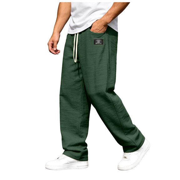 WOLIAUO Mens Linen Cotton Pants Drawstring Waist Lightweight Loose Fit Straight Leg Casual Big and Tall Linen Pants Beach Travel (XL Green)