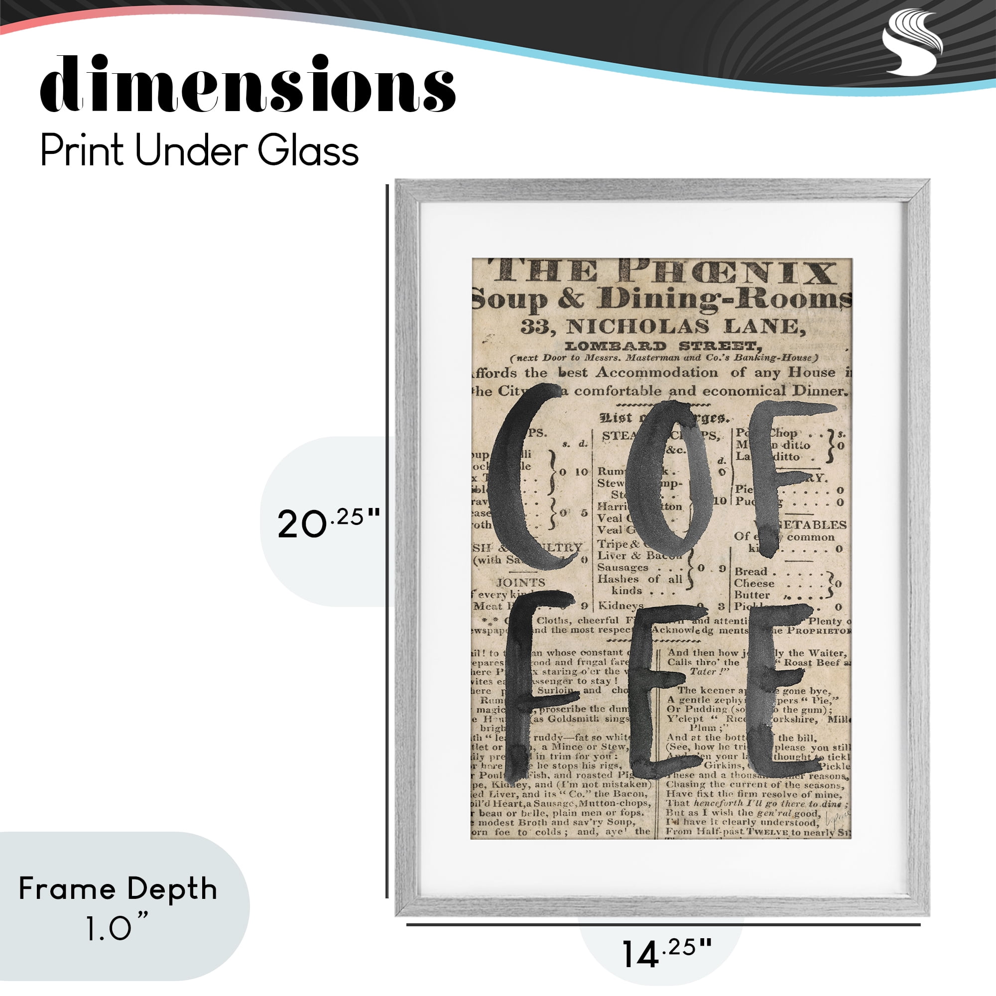 Stupell Industries Vintage Coffee Newspaper Gray Framed Print Under Glass, design by Lucille Price