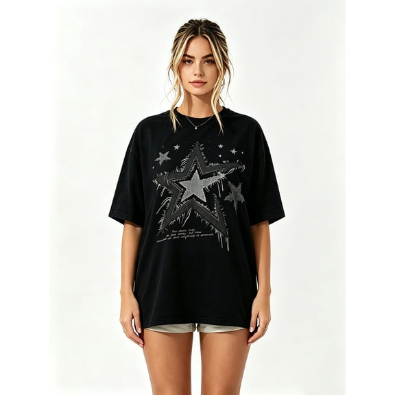 Women's Oversized Black T-Shirt with Distressed Star Graphic, Loose Fit Grunge Streetwear Tee Top