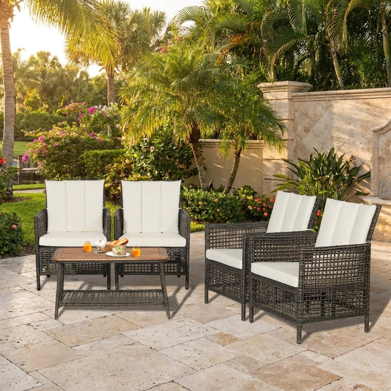 Furnibear 5 Piece Patio Rattan Furniture Set Outdoor Wicker Sectional Sofa Set with Cushions Armrest and Acacia Wood Tabletop, Off White