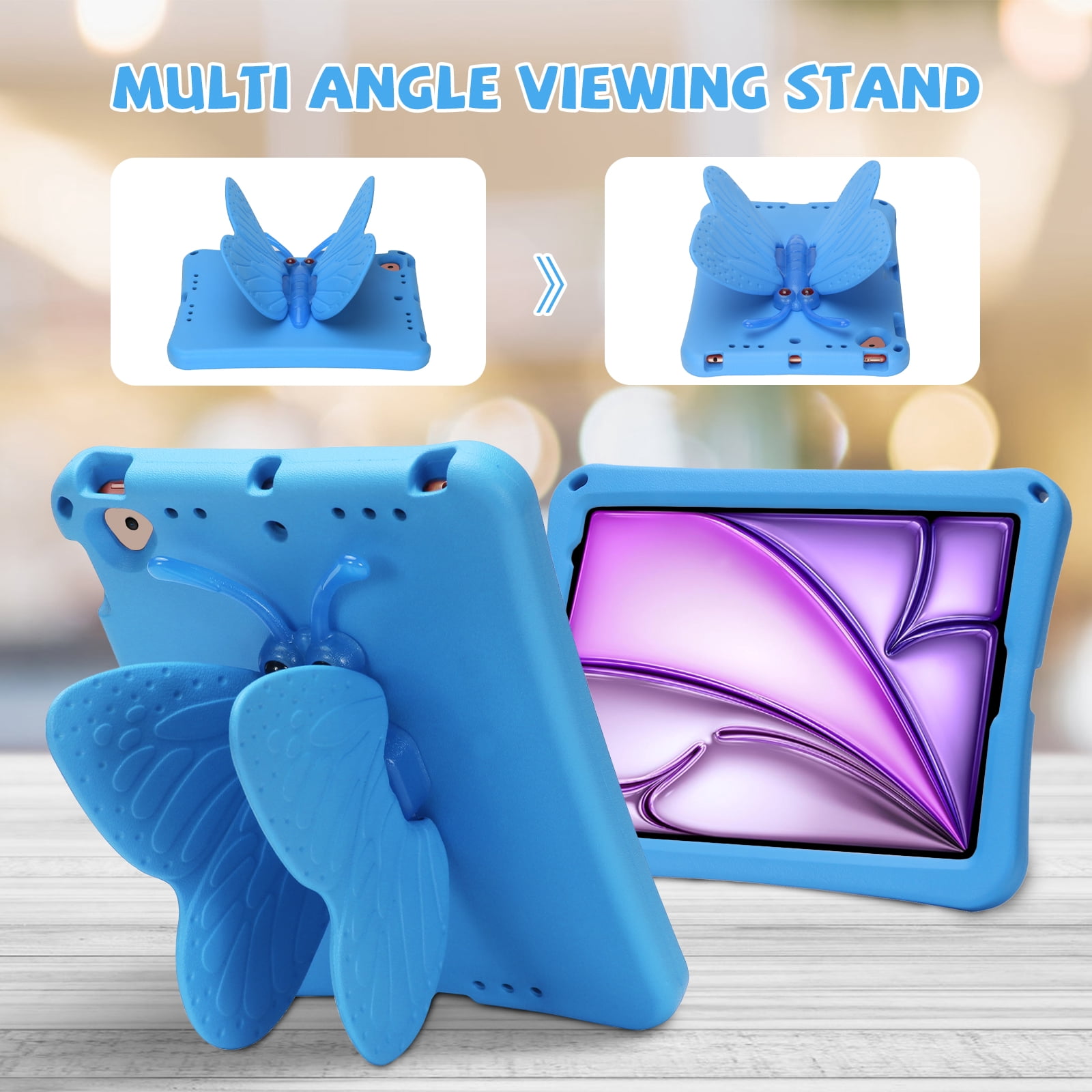 Kids Case for Apple iPad 9th 8th 7th Generation 2021/2020/2019 10.2 Inch, iPad Air 3rd Gen 10.5" Case, Cute Butterfly Rotating Stand Lightweight Kids Friendly Shockproof Case with Pencil Holder,Blue