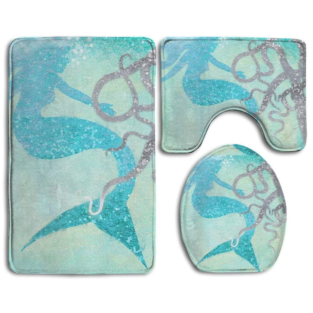 GOHAO Beautiful Mermaid Fish Scales Art 3 Piece Bathroom Rugs Set Bath Rug Contour Mat and
