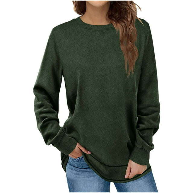 lcziwo Chandails en Molleton Oversize pour Femmes Décontractés Col Rond Manches Longues Automne 2024 Coupe Ample Tunique Vert Armée, m