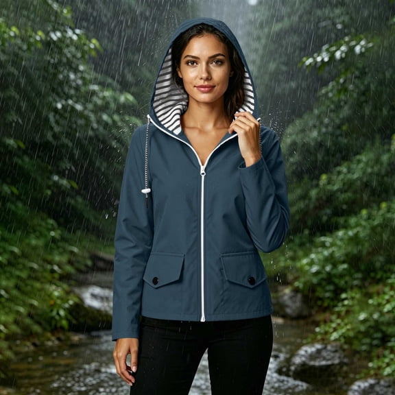 Lightweight Waterproof Raincoat For Women, Hooded Packable Windbreaker Long Lined Trench Jacket With Pockets Navy S