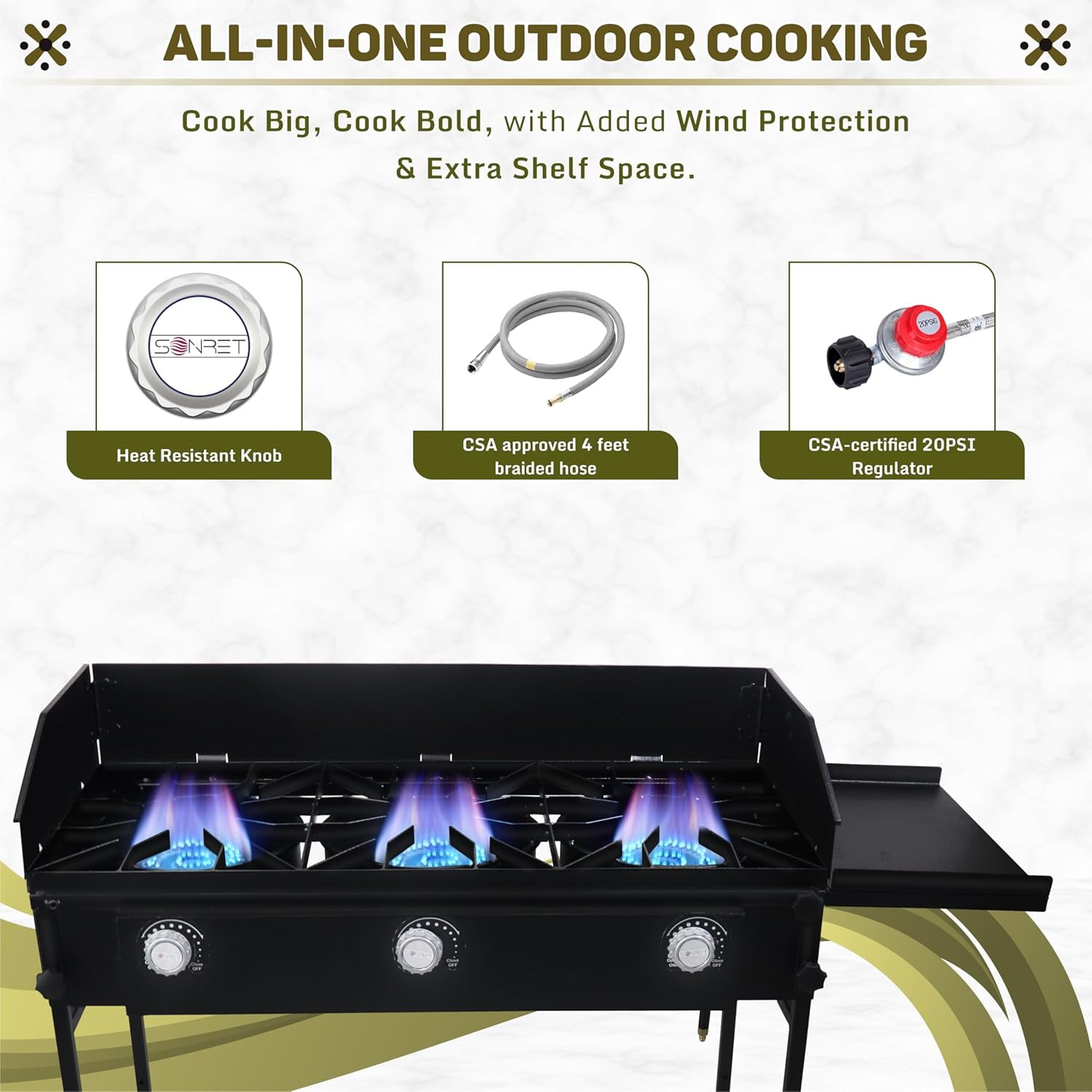 SONRET - Three Burner Propane Camping Stove - with Side & Bottom Shelf and Wind Panel