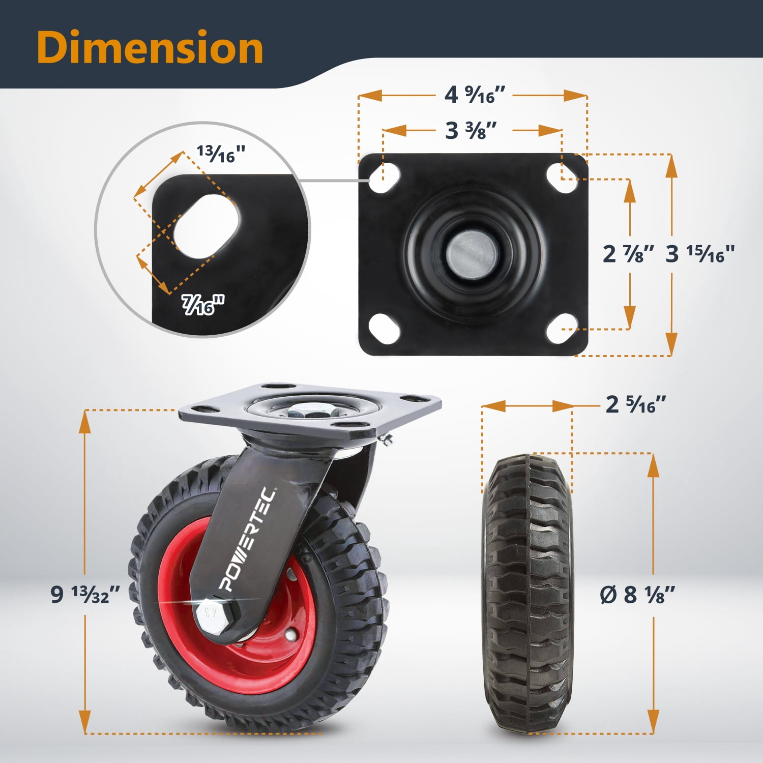 POWERTEC 1PK 8 inch Caster Wheels, Heavy Duty Swivel Plate Casters with Rubber Knobby Tread for Workbench, Dolly, Cart, Trolley, Wagon and Chicken Coop, Large Rubber Castor Wheels (17051V)
