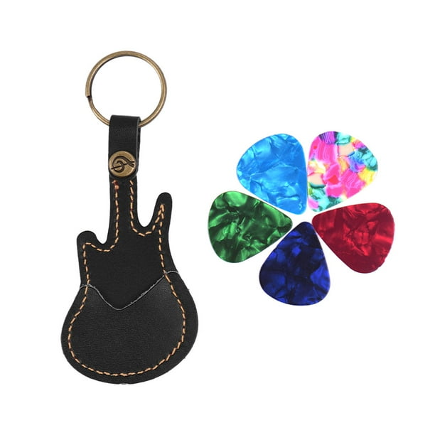 Leather Guitar Picks Holder Case Bag Guitar Shape with Key Ring 5pcs