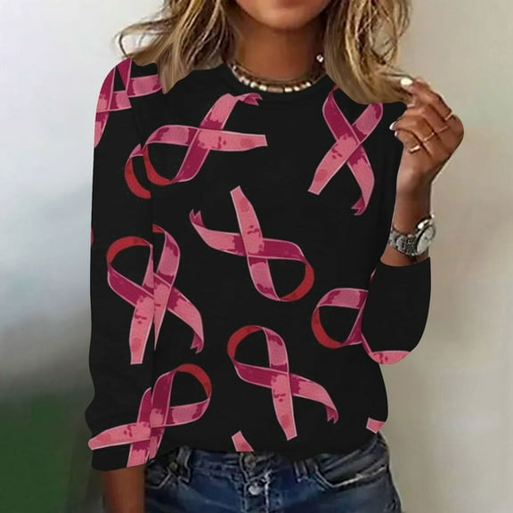VKOYWKM Women Pink Ribbon T Shirts Breast Cancer Awareness T Shirt Long Sleeve Breast Cancer Survivor Tops Fight Cancer Crew Neck Sweatshirts