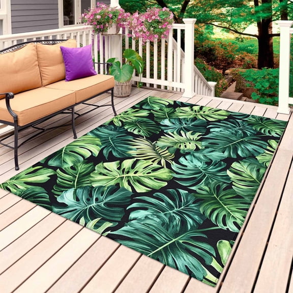 Palm Leaf Outdoor Rug 3x5 Ft, Non Slip Washable Area Rug, Green Tropical Plant Summer Nature Scenery Patio Rugs Carpet Runner, Large Floor Mat for Indoor/Outdoor Deck Porch Camping