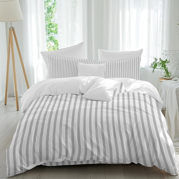 Grey Striped Comforter Set Queen Size, Modern Stripes Farmhouse Rustic Simple Soft Bedding Set for Man Woman, 4 Pieces Duvet Cover Set with Fitted Sheet, 2 Pillowcases