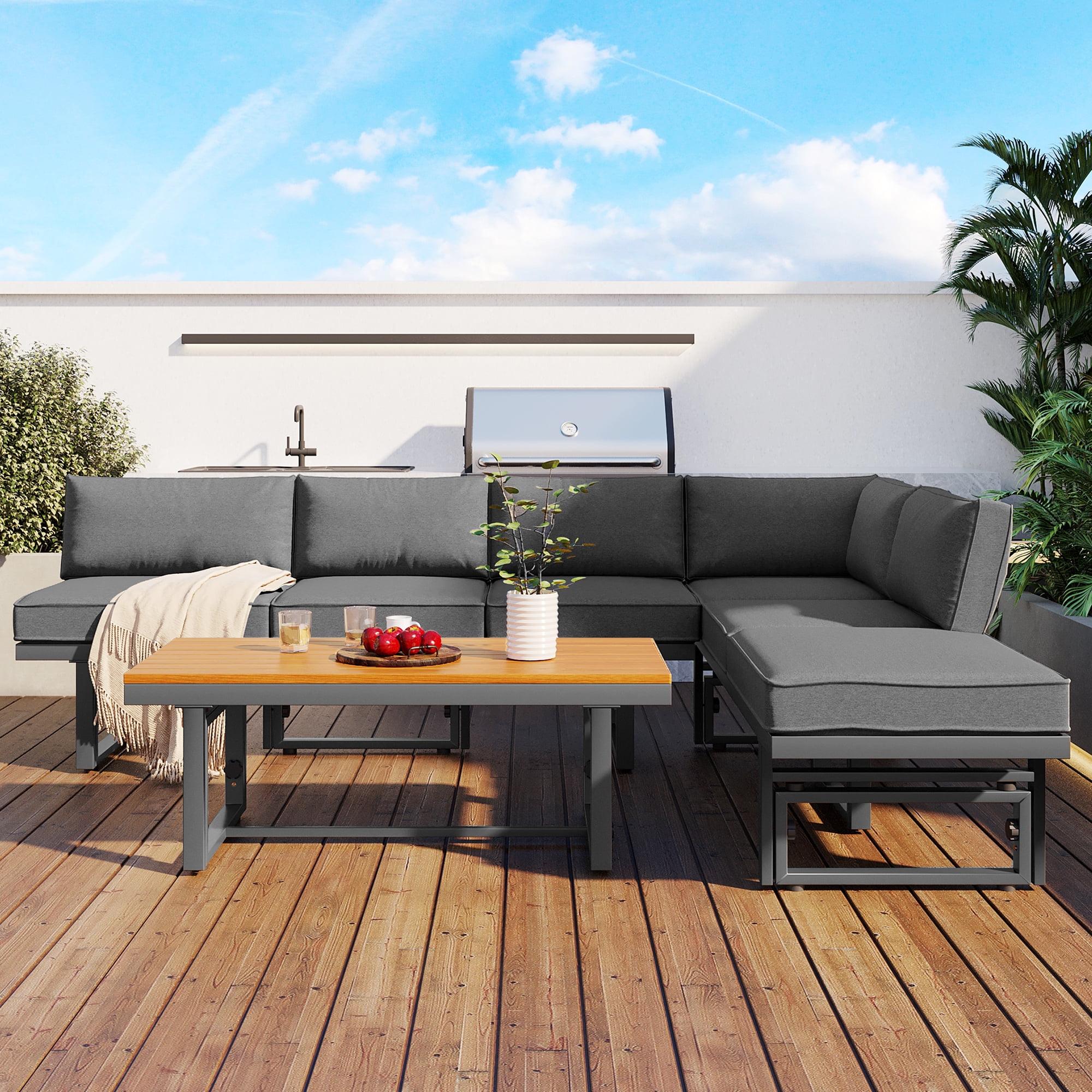 Harper & Bright Designs Metal Patio Conversation Furniture Set, 3 Pieces Modern Outdoor Sectional Sofa Set with Coffee Table and Height Adjustable Seating for Garden and Backyard, Grey