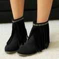 thumbnail image 2 of Leozcaa Cowboy Ankle Boots Women Tassel Western Booties Chunky Heel Suede Fringe Slip On Short Boots, 2 of 9