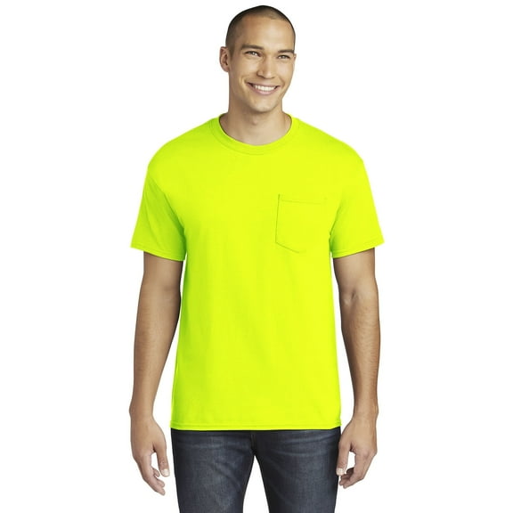 Gildan High Visibility Pocket T-Shirt, Hi Vis Short Sleeve Work Tee 50/50 cotton/polyester (Safety Green-5XL)