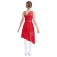 thumbnail image 2 of Doomiva Kids Girls Asymmetrical Lyrical Dance Dress Rhinestones Flower Pattern Side Slit Ballet Dancewear Red 8, 2 of 7