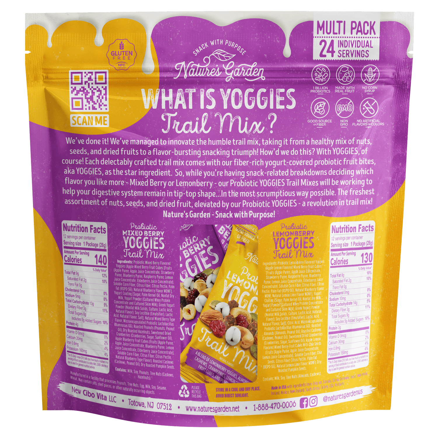 Nature's Garden Probiotic Yoggies Trail Mix Snack Packs 24oz (1oz x 24) - Pack of 4 - Yogurt Covered Fruit & Nut Snack for Adults & Kids - High Fiber, Gluten-Free, No Artificial Flavors Variety Pack