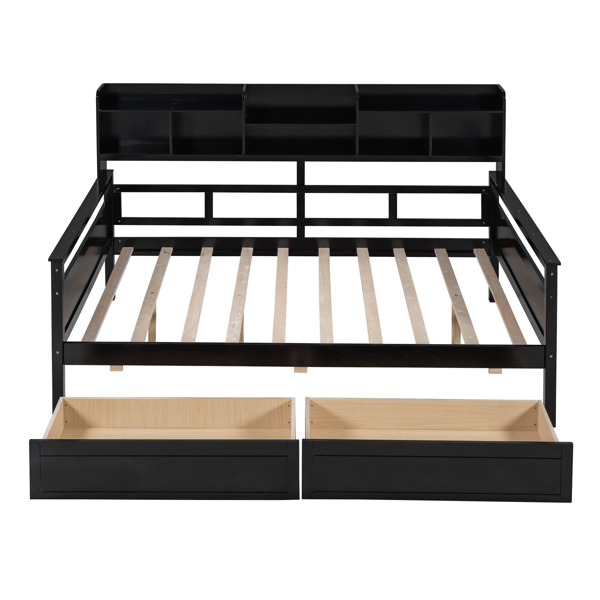 AENKYO Full Size Wooden Daybed Bed Frame with 2 Storage Drawers and Headboard Shelf, Solid Wood Sofa Bed, Black