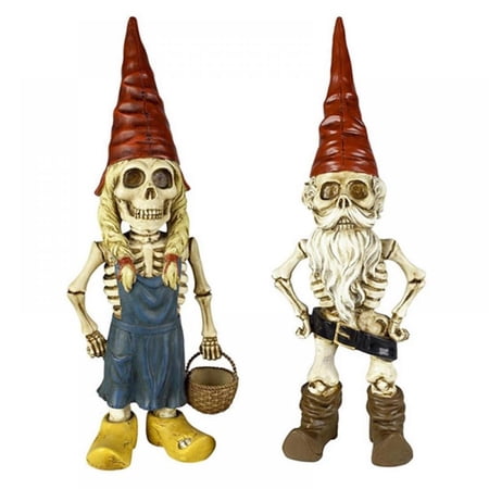 2PCS Male and Female Skeleton Gnome Couple Garden Gnomes Statue Zombie Gnome Sculptures Resin Dwarf Figurines for Indoor Home Ornaments Outdoor Patio Yard Lawn Porch Decor