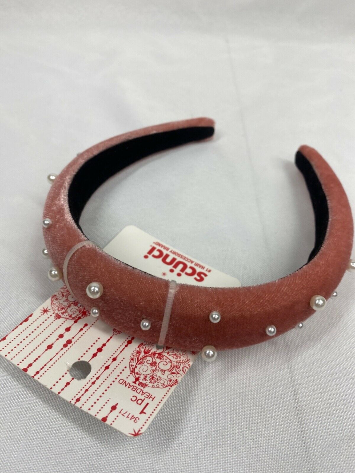Scunci Pink Velvet Headband w/ Pearls